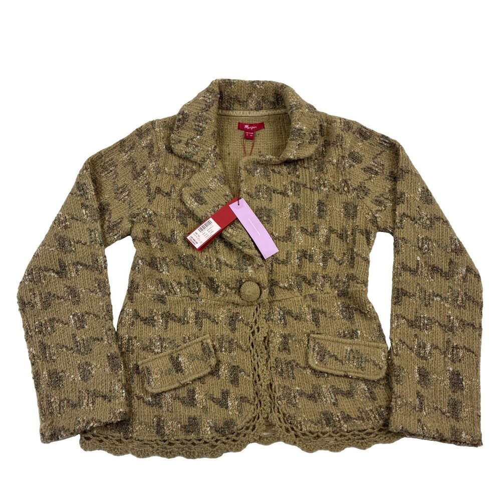 Monsoon Boucle Knit Jacket / Cardigan, Brown with Crochet Trim - Size 12